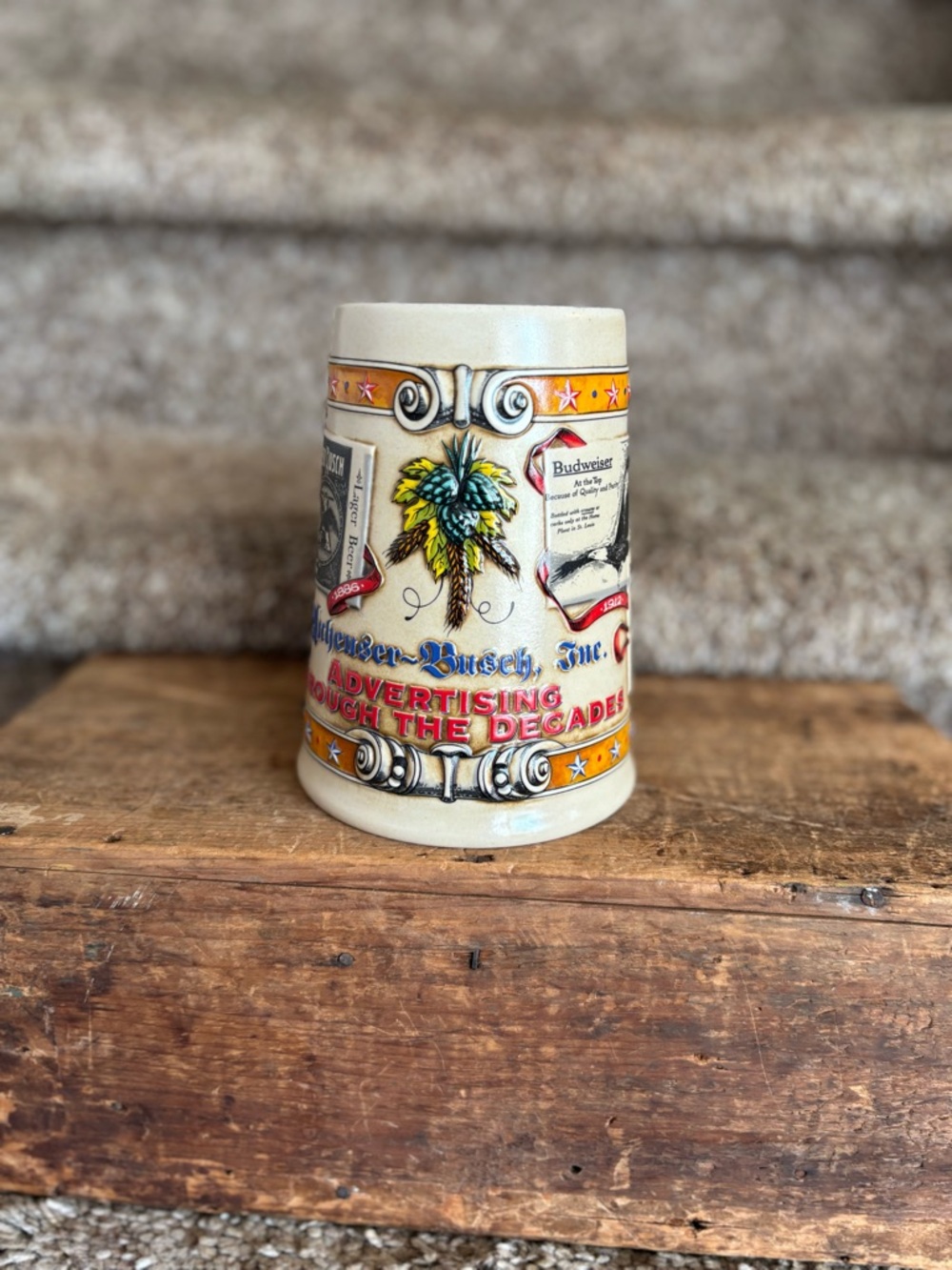Budweiser Ceramic Stein in Cream with Yellow, Red and Blue Accents